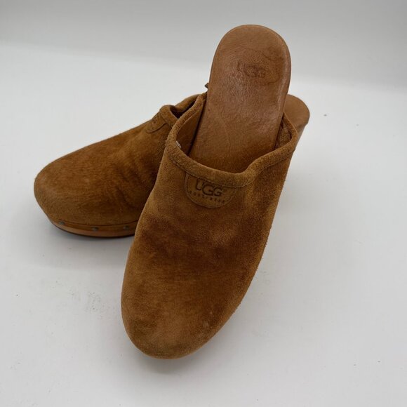 UGG Women's Abbie Mule Wood Heel Clog Shearling Sherpa Shoe Brown Suede Size 7 - Picture 1 of 12